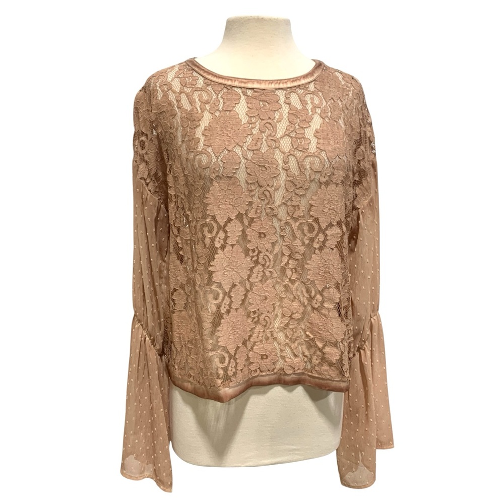 BKE Gimmicks Elegant Lace Boho Chic‎ Western Women's Top in Tan Mauve XL 2325
